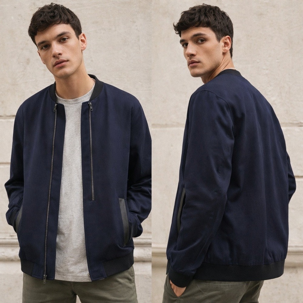 Urban Outfitters Mens Small Three‎ Feathers Blue Bomber Double Zip Jacket NEW